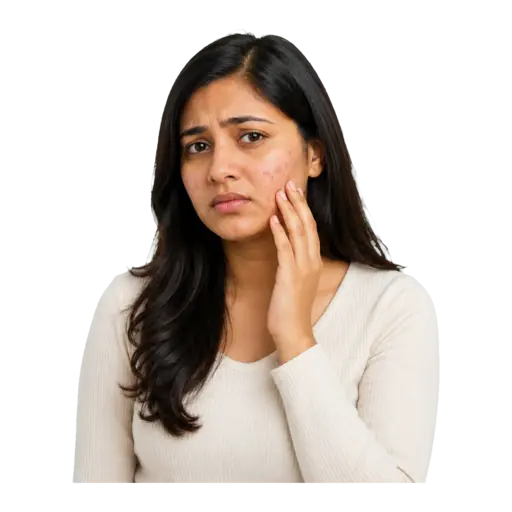 Indian woman with acne touching her cheek