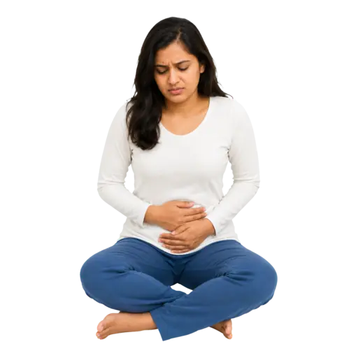 Indian woman holding her lower abdomen in discomfort